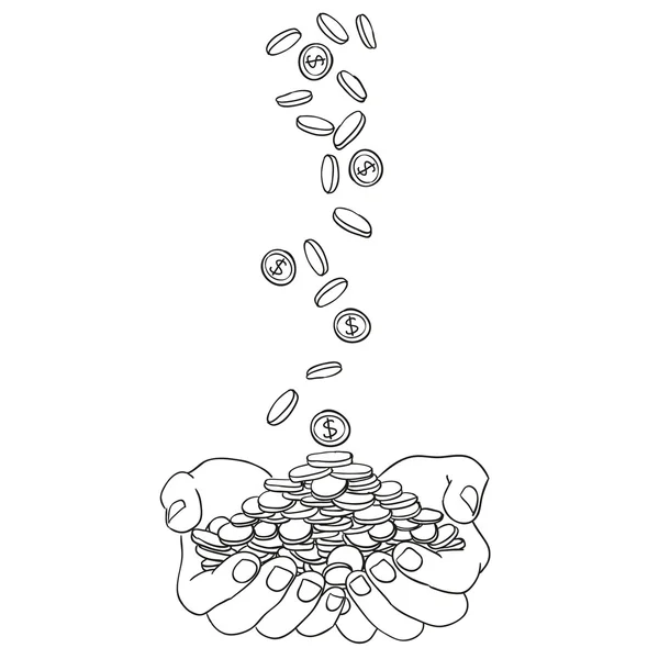 Handen en munten geld doodle — Stockvector