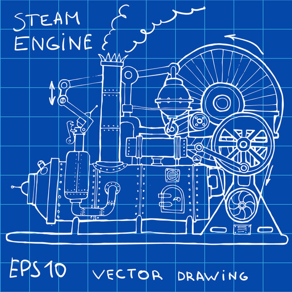Old steam engine drawing. Vintage illustration