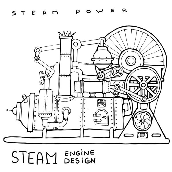 Old steam engine. Vintage illustration