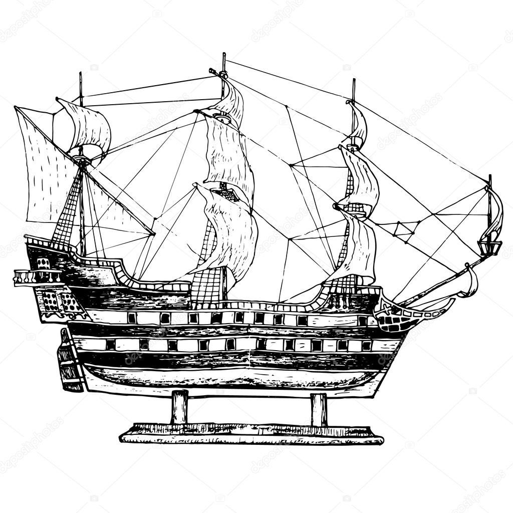 Sailing ship model. Hand drawn sketch, vector