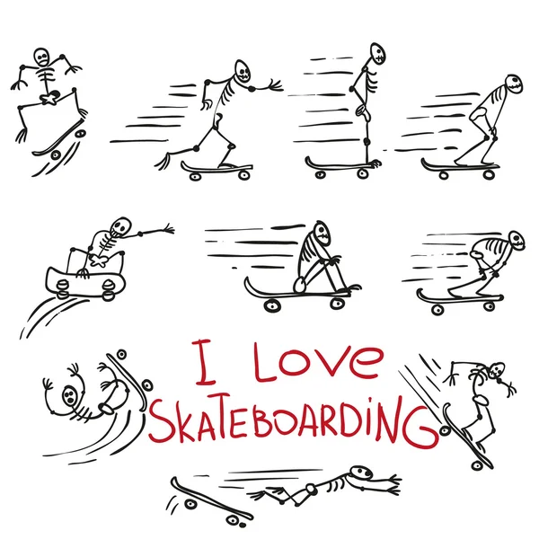 Skelette auf Skateboards. Handzeichnung Doodles — Stockvektor