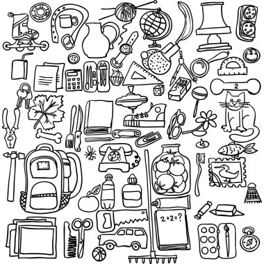 Serbest çizim okul öğeleri beyaz bir arka plan. Vektör Set