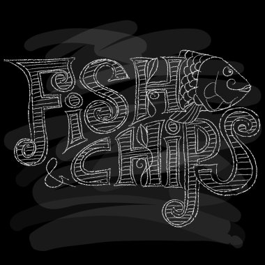 Balık ve cips menü. Bir tahtaya tebeşir. Vektör çizim