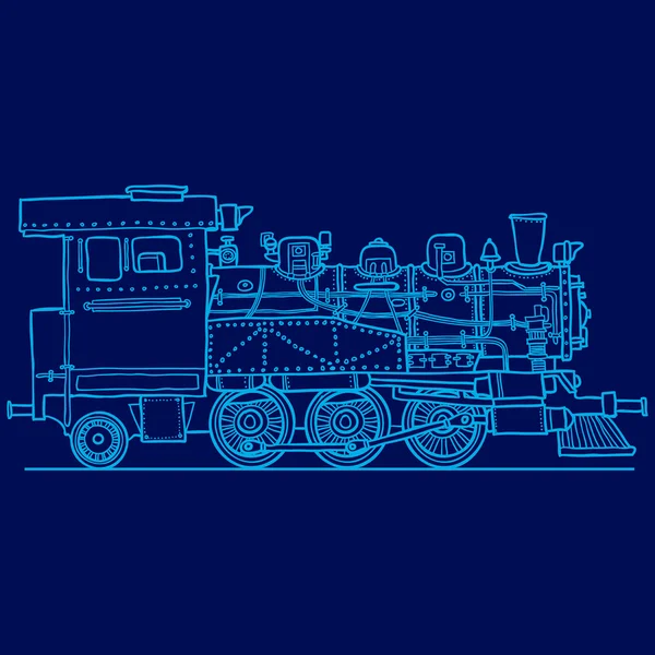 Steam locomotive on blue. Hand drawn illustration. Vector — Stock Vector