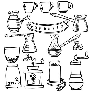 Kahve espresso elle çizilmiş ayarlayın. İzole. Vektör çizim