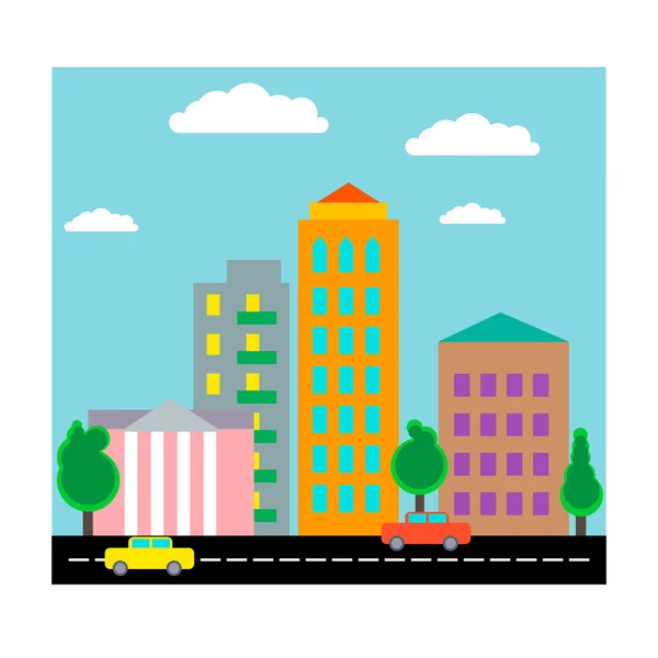 City with houses and cars. Flat design. Vector — Stock Vector
