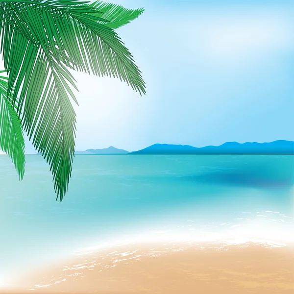 Пляж и море фон с пальмовой веткой — стоковый вектор