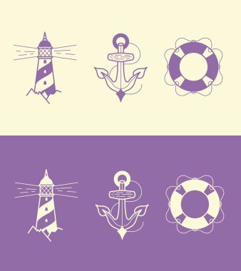 Deniz tema vektöründeki simgeler. Çapa, deniz feneri, can simidi
