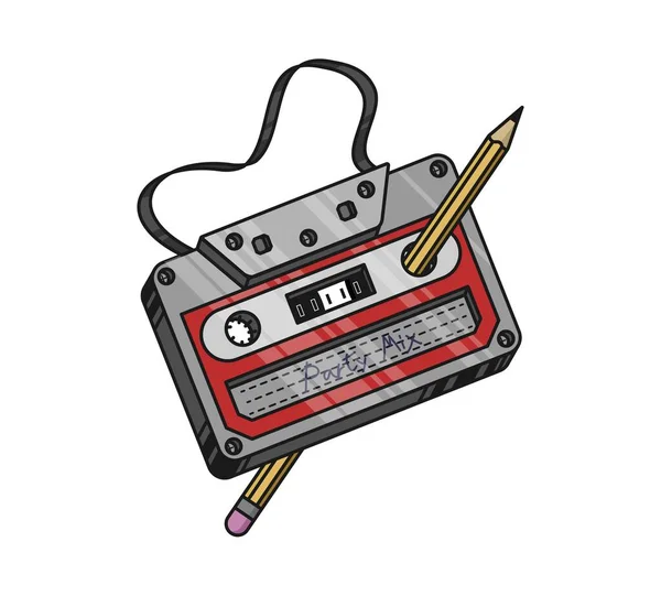 Illustration Vectorielle Sur Cassette Cassette Ancienne Sticker Avec Contour Isolé — Image vectorielle