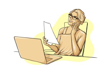 Kadın dizüstü bilgisayarda çalışıyor ve telefonla konuşuyor. Vektör çizimi. Elle çizilmiş biçim