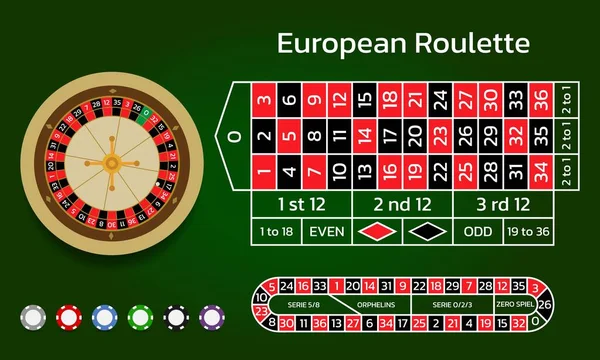 Ruleta Europea Casino Línea Rueda Pista Fichas Juego Ilustración Vectorial — Archivo Imágenes Vectoriales