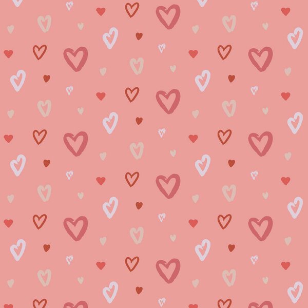 День Святого Валентина бесшовный шаблон. Скрапбукинг. Фон с современной каллиграфией и розовыми сердцами. Векторная иллюстрация.