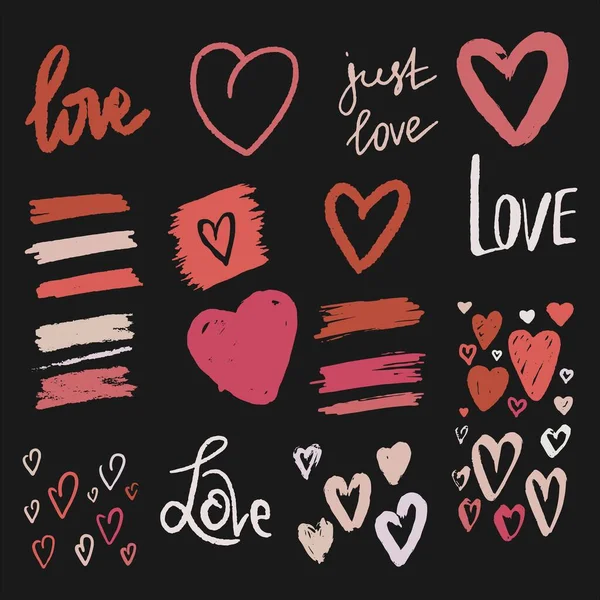 Valentine Day Set Decor Lettering Elements Pink Colors Doodle Style — Vetor de Stock