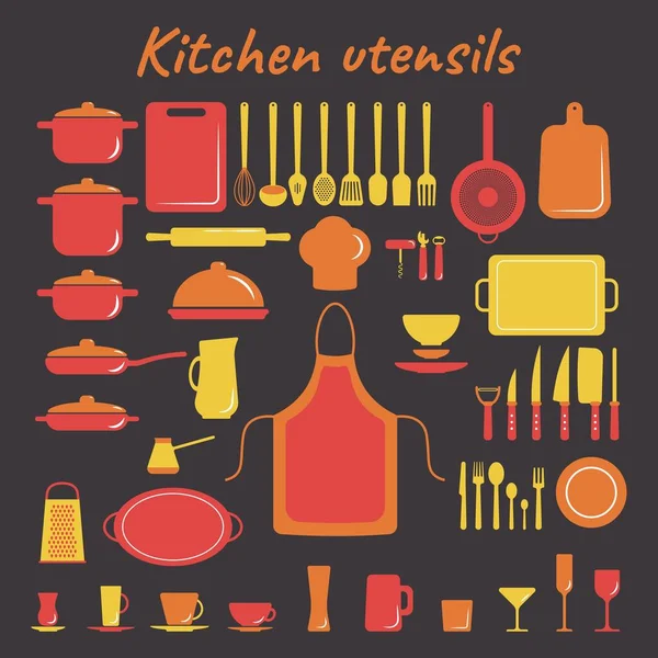 Set Med Kitchen Utensils Färgglada Silhouette Vektor Illustration Isolerad Mörk — Stock vektor