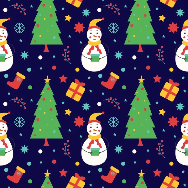 Sömlös Jul Och Nyårsmönster Snögubbe Med Dekorativa Inslag Omslagspapper Textilier — Stock vektor