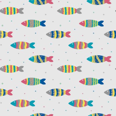 Renkli balıkların karalama tarzında kusursuz desenleri. Tekstil, ambalaj kağıdı ya da duvar kağıdı. Vektör illüstrasyonu.