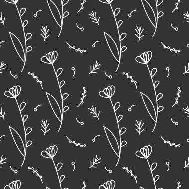 Koyu bir arka planda çiçek ve dalların olduğu kusursuz bir desen. Tekstil, kağıt, duvar kağıdı. Doodle tarzı. Vektör illüstrasyonu.