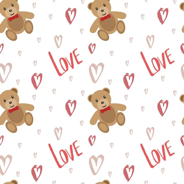 Nahtloses Muster Zum Valentinstag Liebe Und Süßer Teddybär Mit Roter — Stockvektor