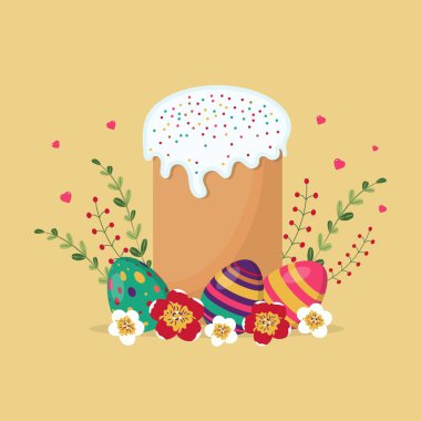 Mutlu Paskalya tebrik kartları. Süslü yumurta, çiçek ve dallı Paskalya pastası. Sarı arkaplanda izole edilmiş vektör illüstrasyonu.