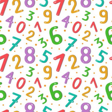 Çocuklar için renkli numaralar içeren kusursuz bir model. Parlak renkler, tekstil, ambalaj kağıdı ve duvar kağıdında kullanılabilir. Vektör illüstrasyonu