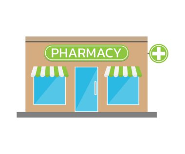 Düz stil eczane binası. Tıbbi konseptin vektör çizimi. Bilgi kaynakları için uygundur. Beyaz arkaplanda izole.