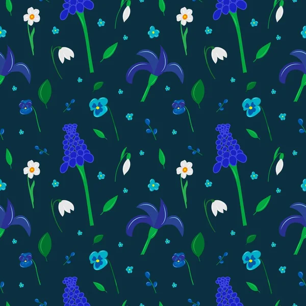 Fondo Sin Costuras Con Flores Primavera Azules Blancas Para Textiles — Vector de stock