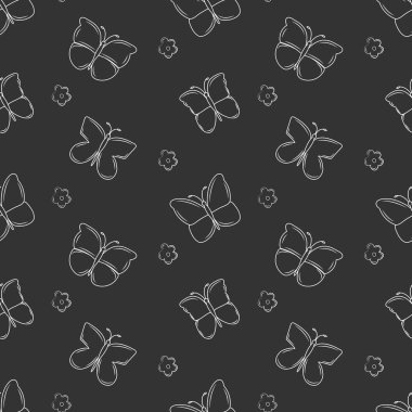 Bahar tarzı arka plan. Kusursuz desenler. Düz bir şekilde kelebek ve çiçek silueti. Siyah arkaplanda izole edilmiş vektör illüstrasyonu.