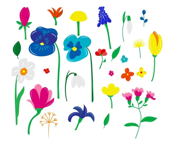 Ensemble Fleurs Feuilles Colorées Printanières Éléments Dessin Animé Plat Dessinés — Image vectorielle