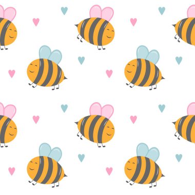 Çizgi film tarzında arılar ve kalplerle hoş, yay şeklinde pürüzsüz bir desen. Vektör illüstrasyonu beyaz arkaplanda izole edildi.