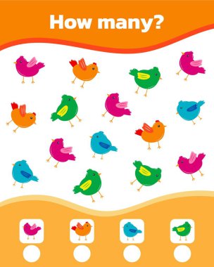 Çocuklar için matematik oyunu. Kaç tane renkli kuş var? Vektör illüstrasyonu.