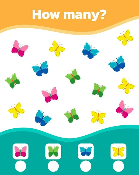 Πόσες Χαριτωμένες Πολύχρωμες Πεταλούδες Υπάρχουν Μαθηματικό Παιχνίδι Για Παιδιά Εικονογράφηση — Διανυσματικό Αρχείο