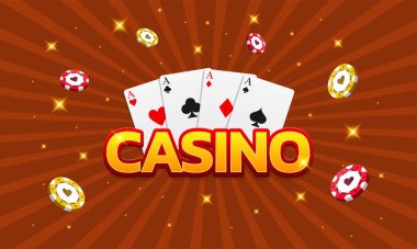 Kumarhane, poker, oyun kartları ve fişler. İlan, poster ve reklam afişi olarak kullanılabilir. Kırmızı arkaplanda vektör illüstrasyonu.