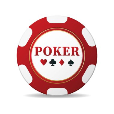 Kırmızı mat kumarhane poker fişi. Kart takımlarının unsurlarıyla. Gerçekçi. Logo, web sitesi ya da pankart tasarımı için elementler. Vektör illüstrasyonu.