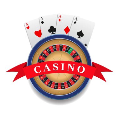 Kumarhane logosu, amblem, rozet. Rulet tekerleği ve dört as. Web sitesi tasarımı, afiş, reklam için unsur. Vektör illüstrasyonu beyaz arkaplanda izole edildi.