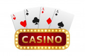 Inscription casino signboard combined with a combination of cards of four aces. Can be used as a logo, banner, background. Vector illustration in a realistic style.