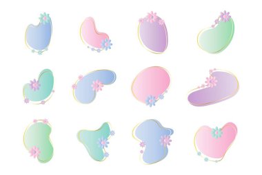 Soyut lekeli şekil. Sıvı şekilli elementler. Modern grafik elementler. Gradyan ve çiçekli altın çerçeve. Vektör illüstrasyonu.