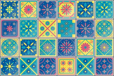 Akdeniz pürüzsüz deseni, moda iç tasarım fayansları. Portekiz vektörü Azulejo fayansı. Vektör renkli şirin illüstrasyon.