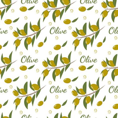 Zeytin dalı ve zeytinlerle kusursuz desen. Dekor, duvar kağıdı, kağıt, ambalaj ve afiş için. Vektör illüstrasyonu.