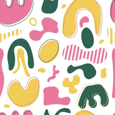 Soyut şekilleri sarı, pembe ve yeşil olan kusursuz desenli beyaz arka plan. Duvar kağıdı, kumaş ve ambalaj için soyut çağdaş tarz. Vektör illüstrasyonu.