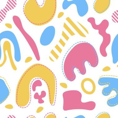 Soyut şekilleri sarı, pembesi ve mavisi beyaz arkaplanda modern kusursuz desen. Vektör illüstrasyonu.