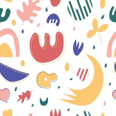 Beyaz zemin üzerinde soyut şekiller olan kusursuz bir desen. Duvar kağıdı, kumaş ve ambalaj için soyut çağdaş tarz. Vektör illüstrasyonu.