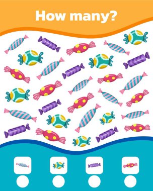 Çocuklar için renkli matematik oyunu. Ne kadar çok tatlı şeker var. Vektör illüstrasyonu.