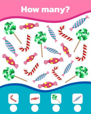 Çocuklar için renkli matematik oyunu. Ne kadar çok tatlı şeker var. Vektör illüstrasyonu.