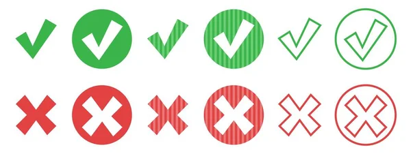 円形のウェブボタンのセット 鋭角の緑のチェックマークと赤の十字 白を基調としたベクトルイラスト — ストックベクタ