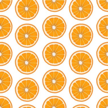Beyaz arka planda taze portakal dilimlerinin kusursuz deseni. Organik meyveler. Çizgi film tarzı. Tasarım, kağıt, ambalaj, duvar kağıdı için vektör illüstrasyonu.