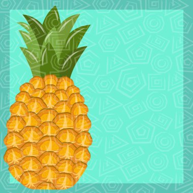Ananaslı parlak bir yaz afişi. Mavi arkaplan ve doku. Reklam, ilan, ilan hazırlama şablonu. Vektör illüstrasyonu.