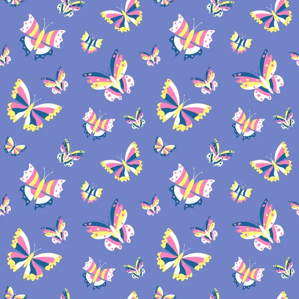 Seamless Pattern Multicolored Butterflies Blue Background Design Paper Wallpaper Textiles — 스톡 벡터