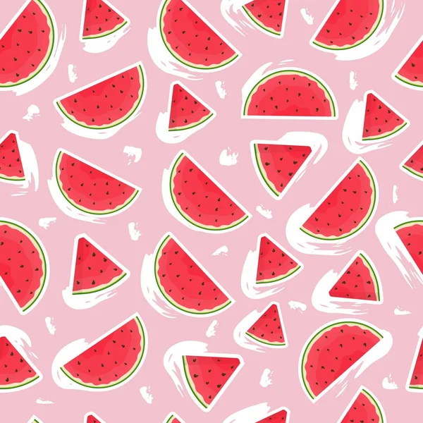 Naadloos Patroon Met Plakjes Watermeloen Een Roze Achtergrond Penseel Slag — Stockvector