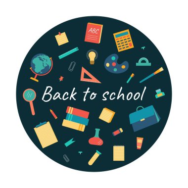 Logo, kırtasiye malzemeleri ve okul malzemeleri etiketi. Okula dönelim. Tasarım, broşür, reklam ve poster için. Vektör illüstrasyonu.