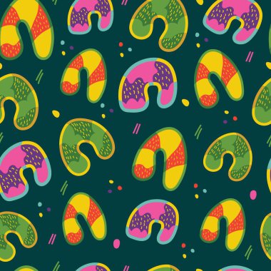 Koyu bir arka planda sevimli renkli şekilleri olan kusursuz bir desen. Tekstil, ambalaj kağıdı ve tasarım için. Vektör illüstrasyonu.